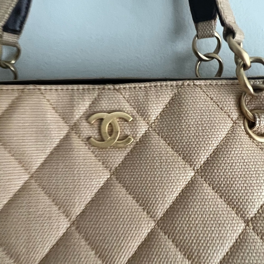 Authentic CHANEL beige canvas tote bag 15 L × 9 1/2  tall - Picture 2 of 13